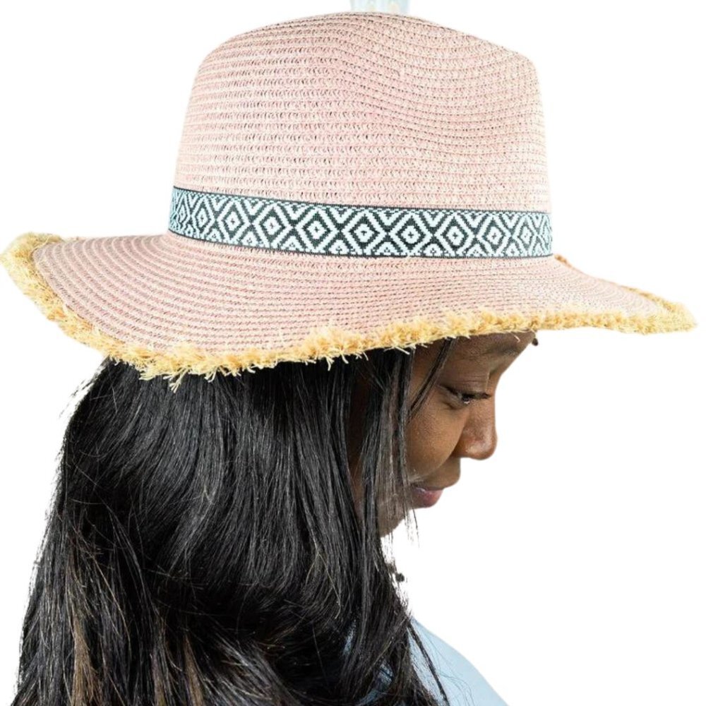 Womens Pink Straw Hat Wide Brim Frayed Edge Tribal Band Beach Sun Hat NWT